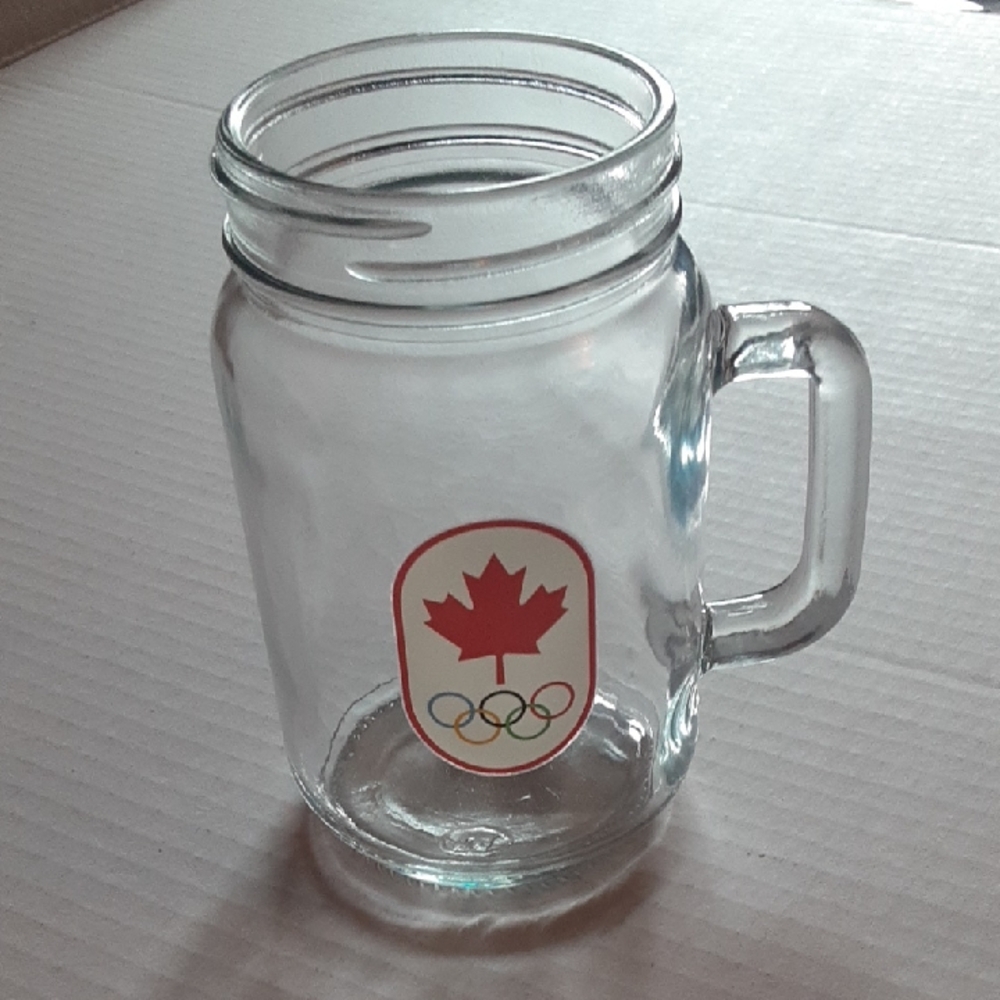 Olympic Glass Mug with Handle - Red Maple Leaf & Rings Design